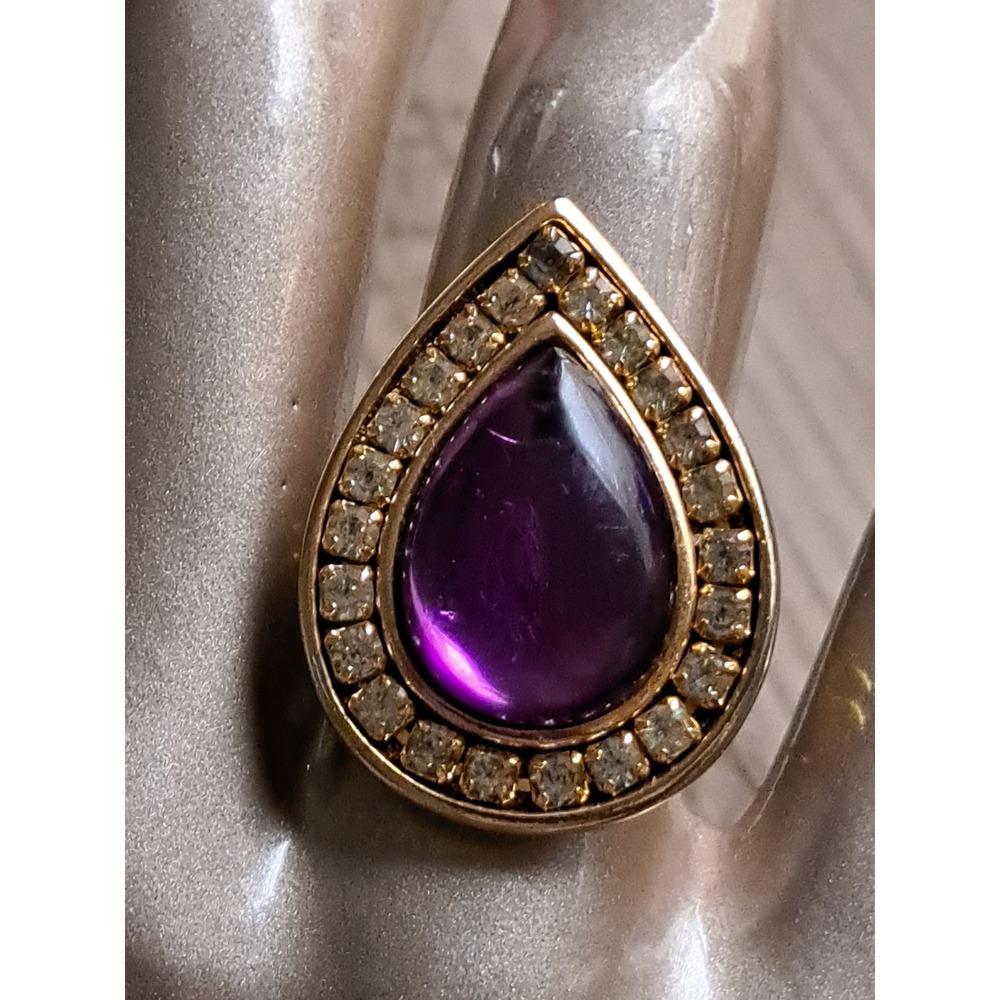 Vintage Style Gold Tone Teardrop Purple Cabochon Halo Statement Adjustable Ring